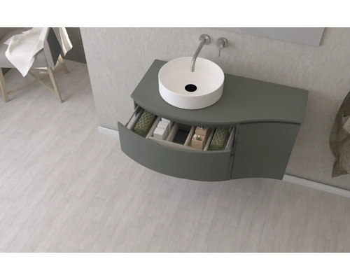 Meuble-lavabo avec élément de tiroir ouvert et lavabo à poser dans la salle de bain