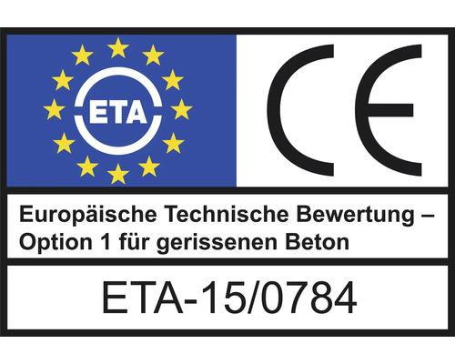 Europäische Technische Bewertung Zeichen für Option 1 für gerissenen Beton mit CE Kennzeichnung und ETA-15/0784