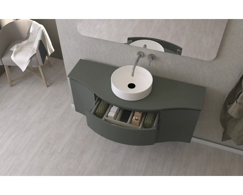 Waschbeckenunterschrank mit offenem Schubfach, Aufsatzwaschbecken und Spiegel im Badezimmer