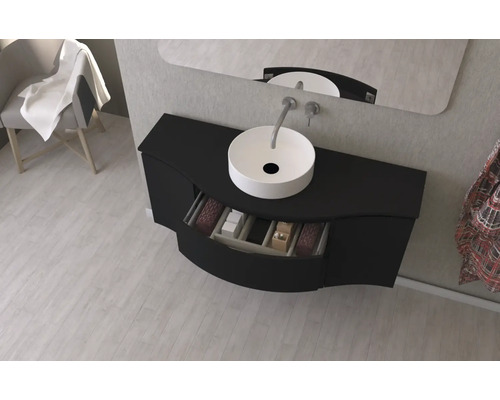 Modernes Badezimmer mit schwarzem Waschtischunterschrank, Aufsatzwaschbecken und Spiegel