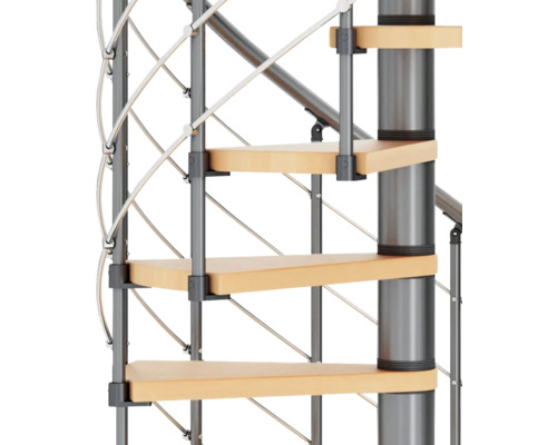 Vue détaillée d''un escalier en colimaçon avec marches en bois et rampe en métal
