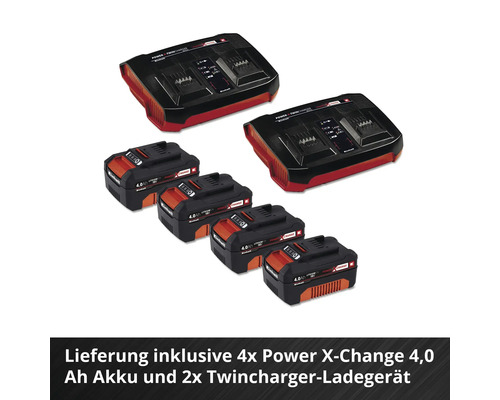 Vier Power X-Change 4,0 Amperestunden Akkus und zwei Twincharger Ladegeräte