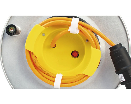 Kabeltrommel mit gelbem Gehäuse und orangefarbenem Kabel