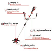 Akkubetriebener Rasentrimmer mit Tragegurt, Zweihandgriff, bürstenlosem Motor, Drehzahlregulierung, geteiltem Schaft und 30 Zentimeter Schnittbreite mit Fadenspule