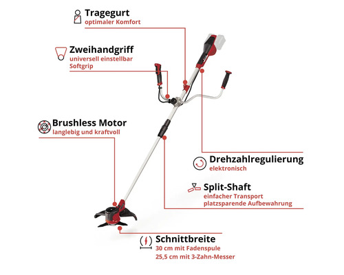 Akkubetriebener Rasentrimmer mit Tragegurt, Zweihandgriff, bürstenlosem Motor, Drehzahlregulierung, geteiltem Schaft und 30 Zentimeter Schnittbreite mit Fadenspule
