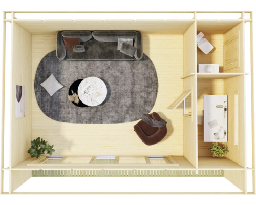 Plan d''un chalet de jardin avec salon et salle de bain