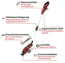 Akku-Gras- und Strauchschere mit Teleskopverlängerung und Rädern