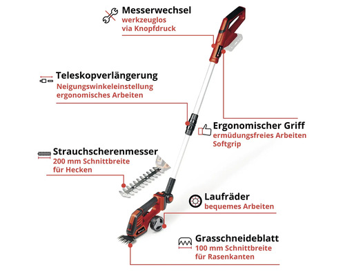 Akku-Gras- und Strauchschere mit Teleskopverlängerung und Rädern