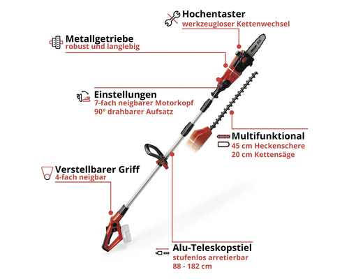 Multifunktions Hochentaster mit Teleskopstiel, Heckenschere und Kettensäge