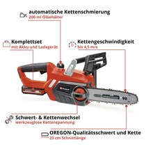 Einhell Akku-Kettensäge Set mit automatischer Kettenschmierung, 200 ml Ölbehälter, werkzeuglosem Kettenwechsel und Oregon Qualitätsschwert und Kette mit 23 cm Schnittlänge