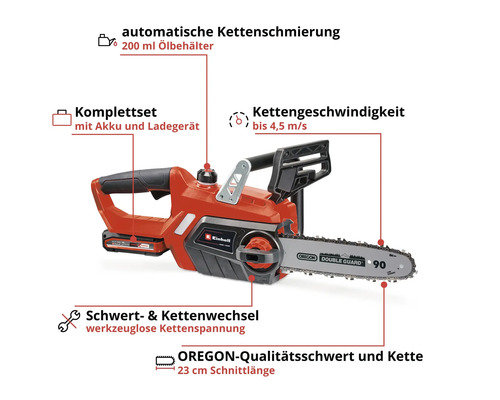 Einhell Akku-Kettensäge Set mit automatischer Kettenschmierung, 200 ml Ölbehälter, werkzeuglosem Kettenwechsel und Oregon Qualitätsschwert und Kette mit 23 cm Schnittlänge