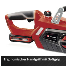 Einhell Logo auf einer roten Kettensäge mit ergonomischem Griff