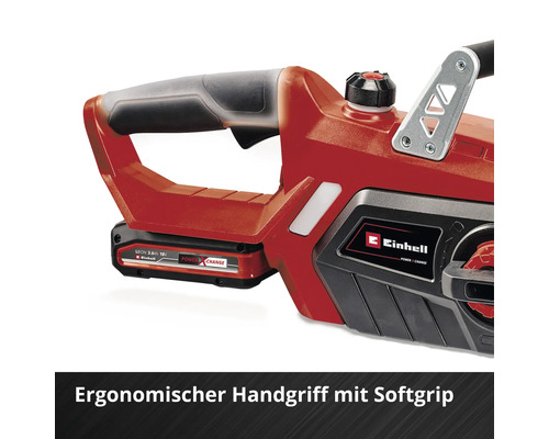 Einhell Logo auf einer roten Kettensäge mit ergonomischem Griff