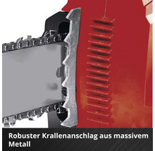 Detailaufnahme einer Kettensäge mit massivem Krallenanschlag aus Metall