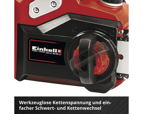 Einhell Logo. Detailansicht einer Kettensäge mit werkzeugloser Kettenspannung.
