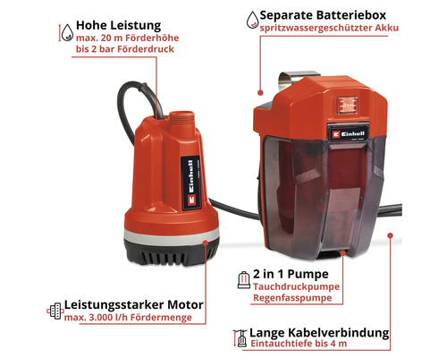 Einhell 2-in-1 Tauchdruckpumpe und Regenfasspumpe mit separater Batteriebox und starkem Motor