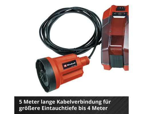 Einhell Logo. Tauchpumpe mit Kabelverbindung und Batteriegehäuse.