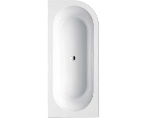 Baignoire rectangulaire en acrylique avec drain au centre.