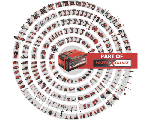 Ein Einhell Akku umgeben von verschiedenen Werkzeugen des Power X-Change Systems.