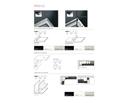 Aperçu de différents profilés en aluminium : profilé d’extrémité, profilé de dilatation, profilé de base et profilé d’angle.
