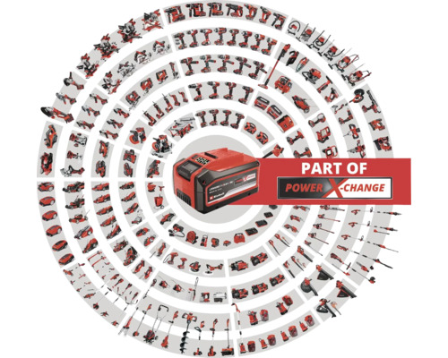 Einhell Power X-Change Akku umgeben von kompatiblen Werkzeugen und Gartengeräten
