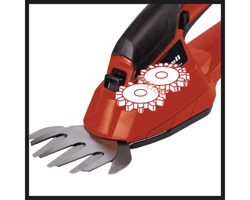 Detailaufnahme einer Akku-Grasschere mit gegenläufigen Messern.