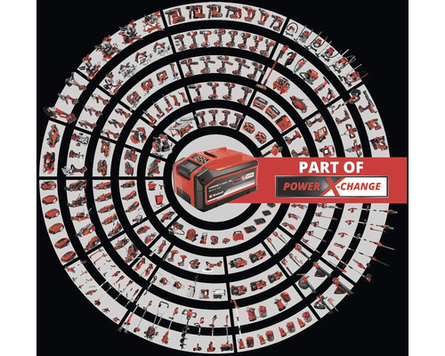 Une batterie Einhell dans un cercle d''outils Einhell, faisant partie du système Power X-Change