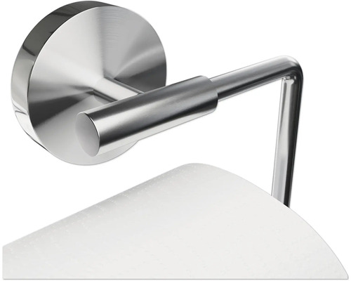 Porte-papier toilette mural en métal avec rouleau de papier toilette.