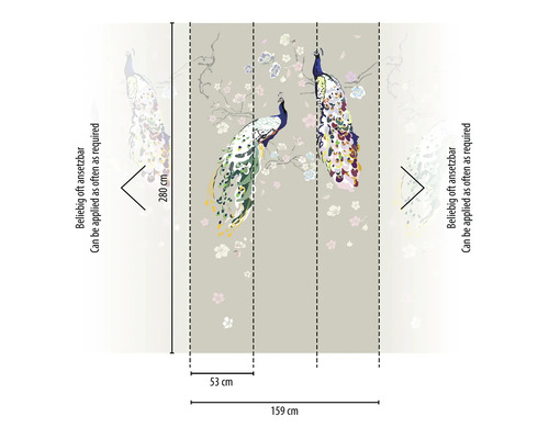 Tapete mit Pfauen und Blumen, 159 cm breit und 280 cm hoch