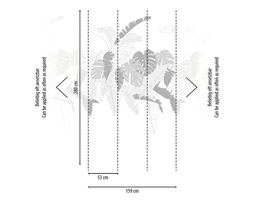 Illustration d''un papier peint photo avec motif de plantes, dimensions 280 sur 159 centimètres