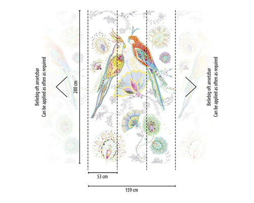 Tapetenmotiv mit zwei bunten Vögeln und floralen Elementen, Maße 159 cm x 280 cm.