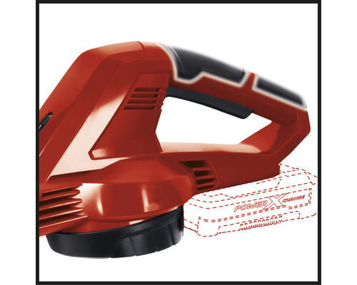 Vue détaillée d''une motobineuse rouge alimentée par batterie