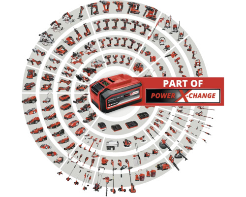 Une batterie Einhell Power X-Change est entourée d''outils Einhell.