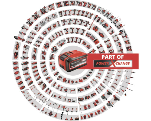 Einhell Power X-Change Akku umgeben von Werkzeugsymbolen