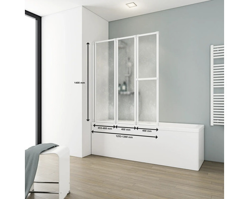 Badewannenaufsatz mit drei Elementen und Maßangaben im Badezimmer