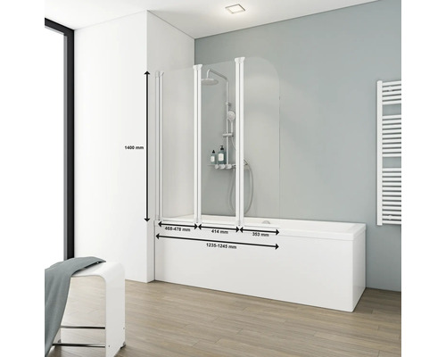 Baignoire avec paroi de douche en trois parties avec dimensions