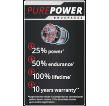 PurePower Brushless avec des informations sur la puissance, la durée de vie et la garantie