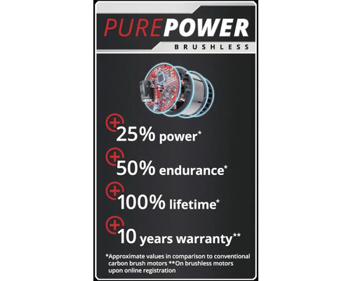 PurePower Brushless avec des informations sur la puissance, la durée de vie et la garantie