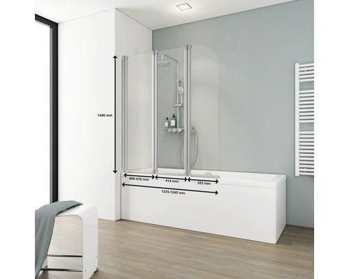 Badewannenaufsatz mit Maßen auf einer Badewanne im Badezimmer.