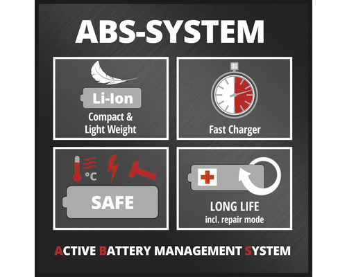 Système ABS : batterie lithium-ion compacte et légère, chargeur rapide, sûre, longue durée de vie avec mode de réparation inclus, système actif de gestion de la batterie