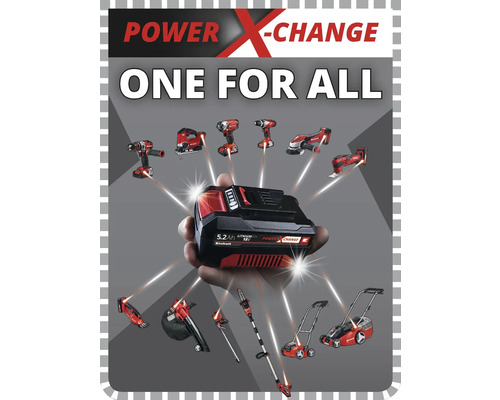 Einhell Power X-Change Akku mit verschiedenen Werkzeugen und Gartengeräten
