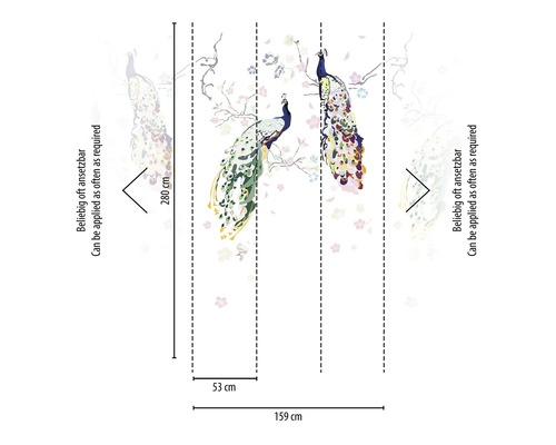 Fototapete mit Pfauenmuster, wiederverwendbar, Maße 159 mal 280 Zentimeter