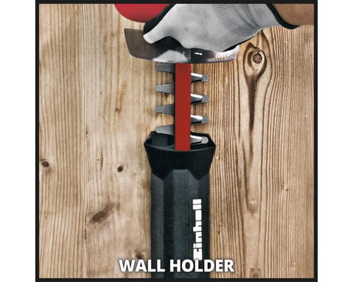 Support mural Einhell pour taille-haies pour ranger les outils de jardin.