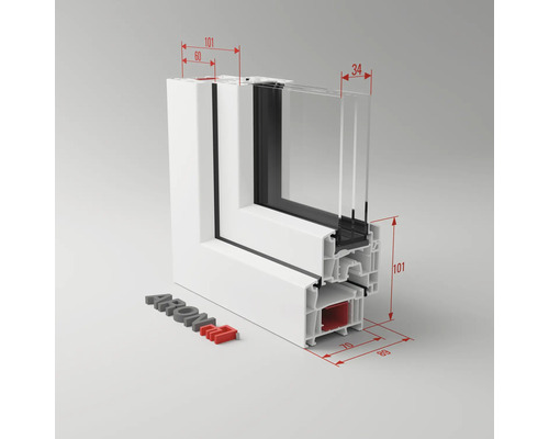 Querschnitt eines Kunststofffensters mit Massangaben