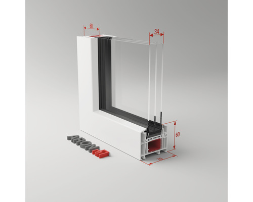 Coupe transversale d''une fenêtre en plastique blanche avec dimensions