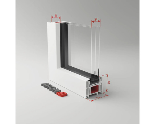 Coupe transversale d''une fenêtre en PVC blanche avec dimensions
