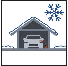 Symbol für ein Auto mit Ladestation in einer Garage im Winter