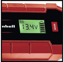 Einhell Logo. Detailansicht Batterieladegerät mit digitaler Anzeige.