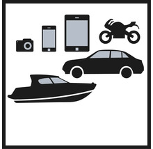Symbolische Darstellung von Kamera, Mobiltelefon, Tablet, Motorrad, Auto und Boot