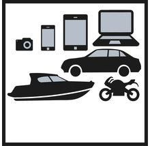 Abbildung verschiedener Konsumgüter wie Kamera, Smartphone, Tablet, Laptop, Auto, Boot und Motorrad.